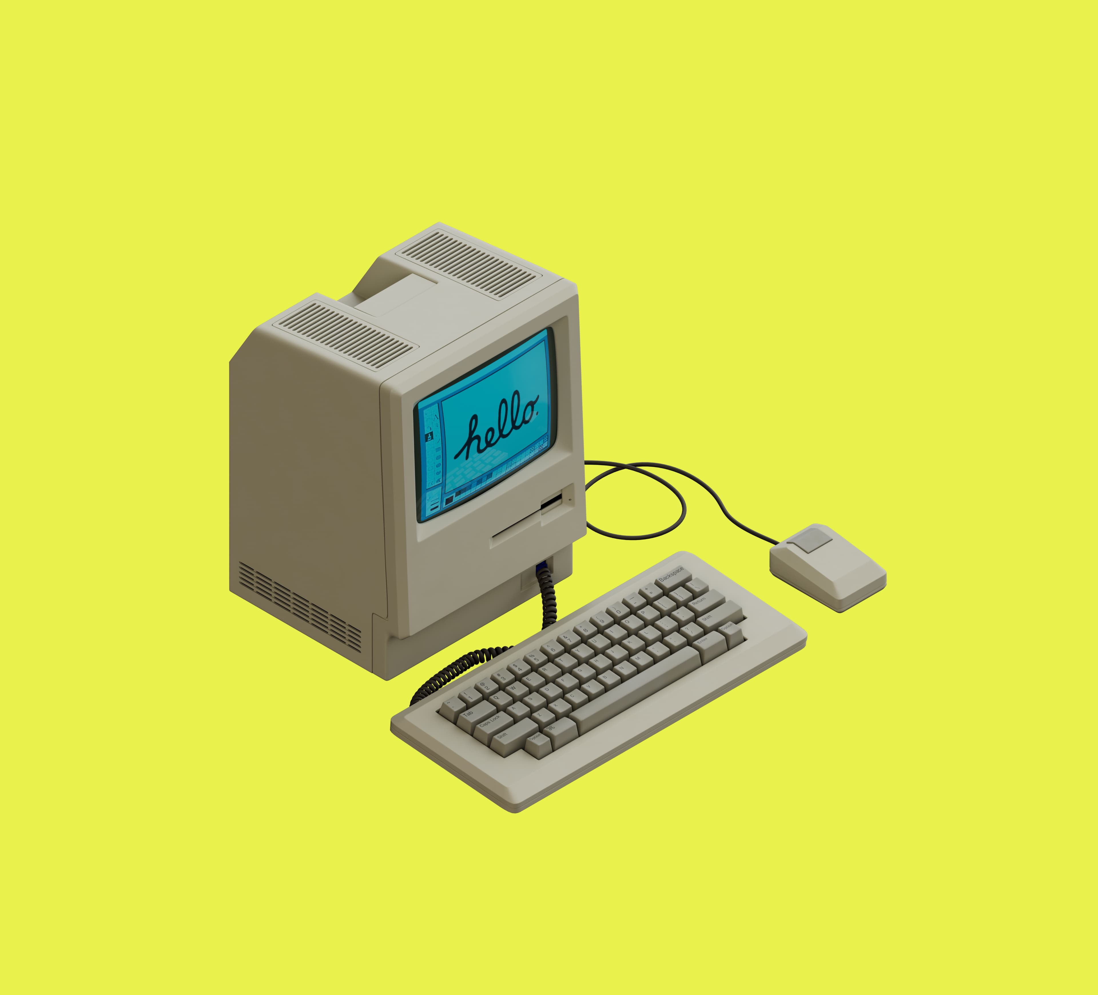 Image with a computer that says hello on the screen and a yellow background
